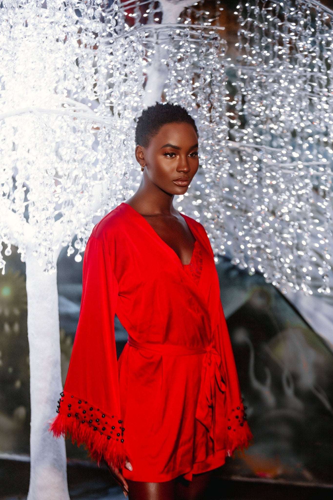 LEONA red short silk robe with feathers